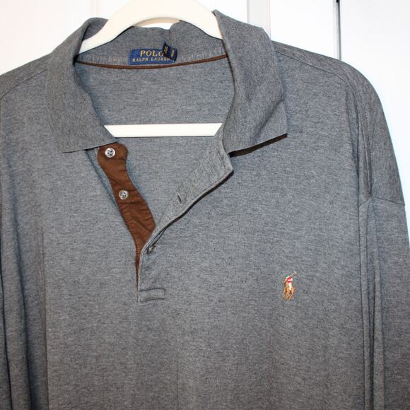 @oneres34 - POLO RALPH LAUREN Charcoal Gray Long Sleeve Polo Brown Trim | XLT - Picture 2 of 7